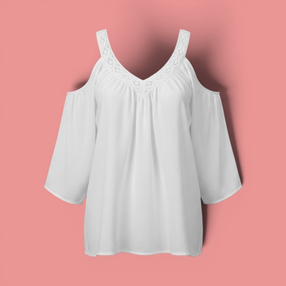 No Boundaries White Cold Shoulder Lace Trim Blouse XXL 19 Gauze Boho Festival